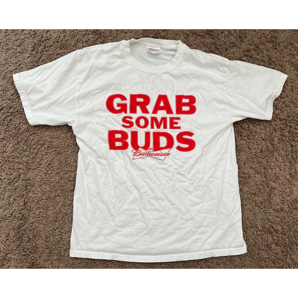 Vintage Hanes Anheuser Busch Grab Some Buds Budweiser Beer Logo T Shirt Men's L